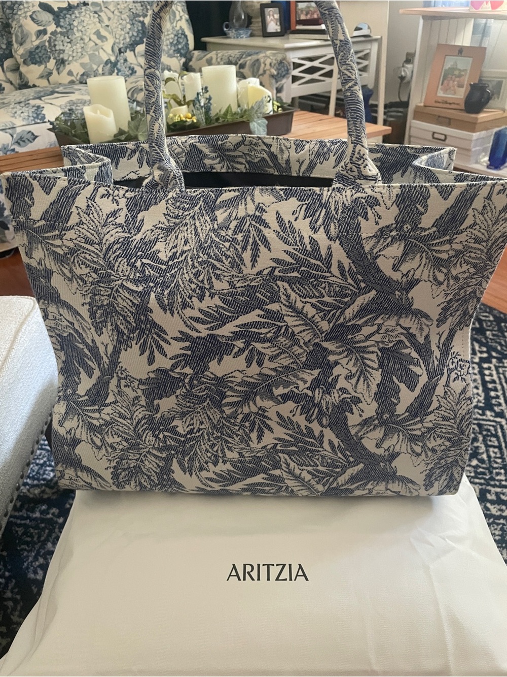 Aritzia Navy and Cream Botanical Canvas Tote Bag
